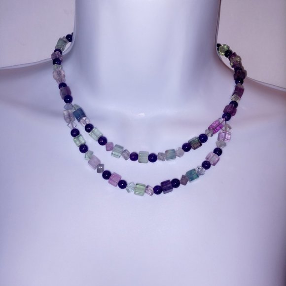 Handmade Beaded Statement Necklace with Fluorite and Amethyst Beads Purple Green - Picture 3 of 12